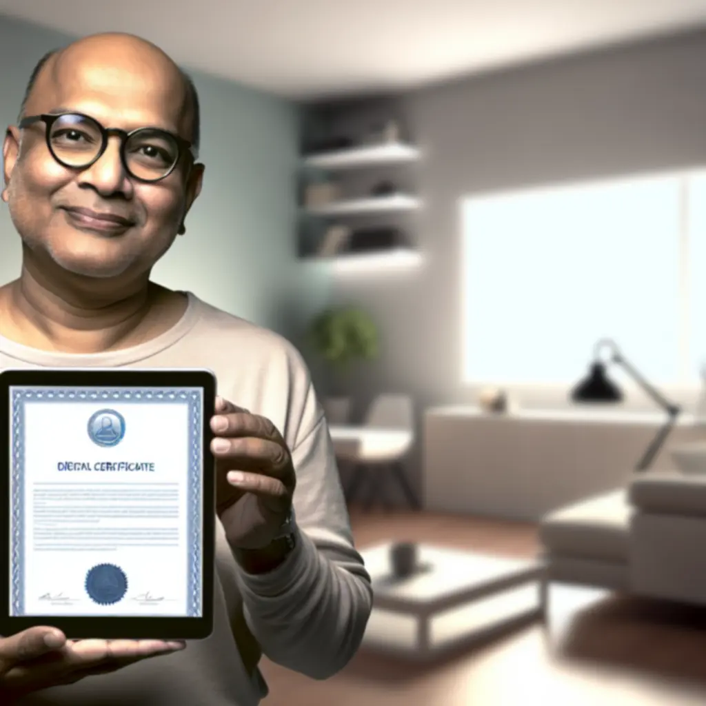 Użytkownik trzymający cyfrowy certyfikat na ekranie