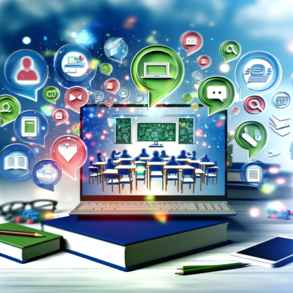Kolorowa kompozycja przedstawiająca naukę online i interaktywne kursy