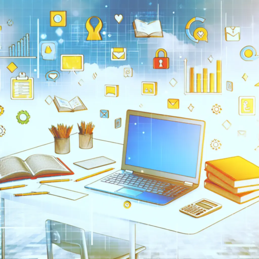 Ilustracja pokazująca naukę online z materiałami i narzędziami